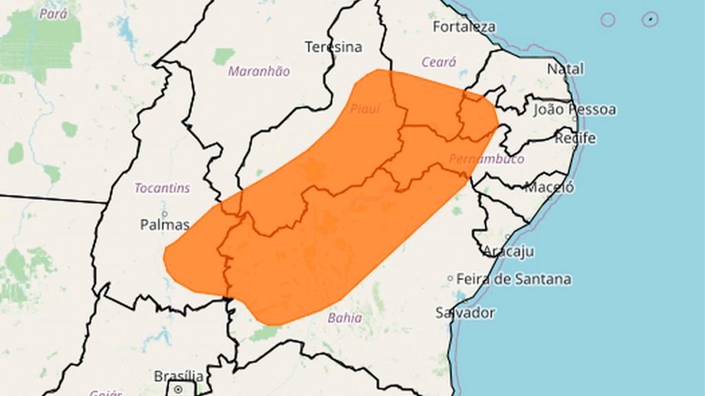 Mapa do Nordeste do Brasil com alerta de chuvas desenhado