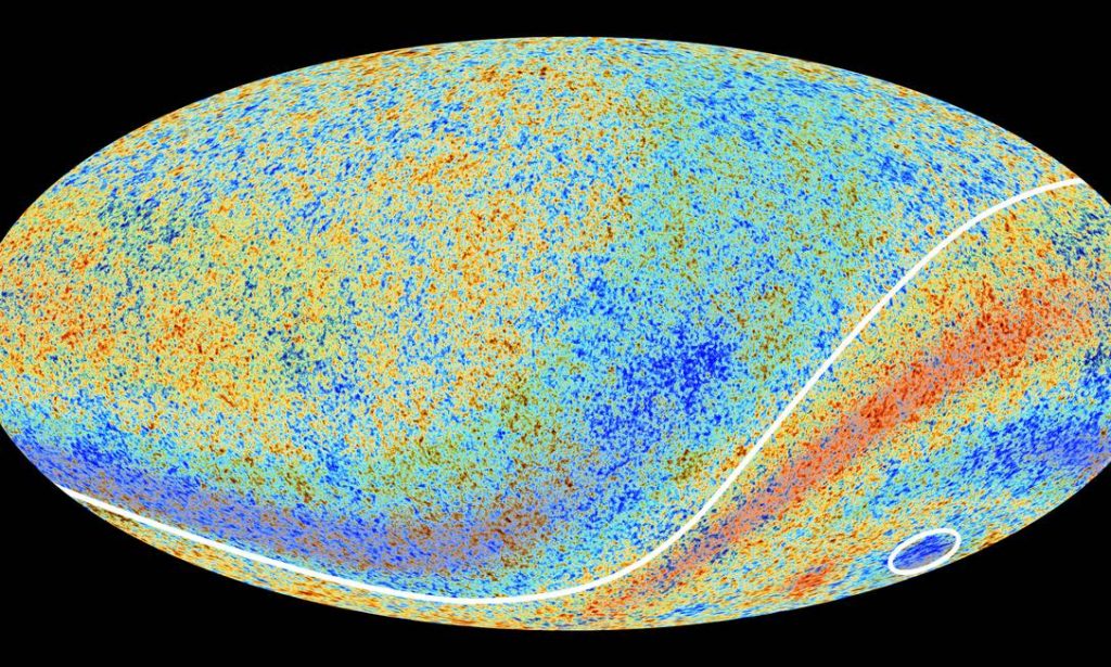 Os pesqusiadores pensavam que o ponto frio no mapa de radiação Cósmica de Fundo poderia ser explicado pela existencia de uma grande região vazia. Apesar de existir evidencia de um vazio que abrange a região, ele não é grande o suficente para explicar a mancha no mapa de CMB (Crédito: Planck/ESA)