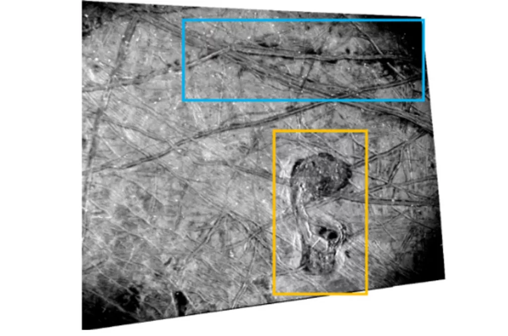 A mancha no retangulo amarelo é o onitorrinco (Crédito: NASA/JPL-Caltech/SwRI)