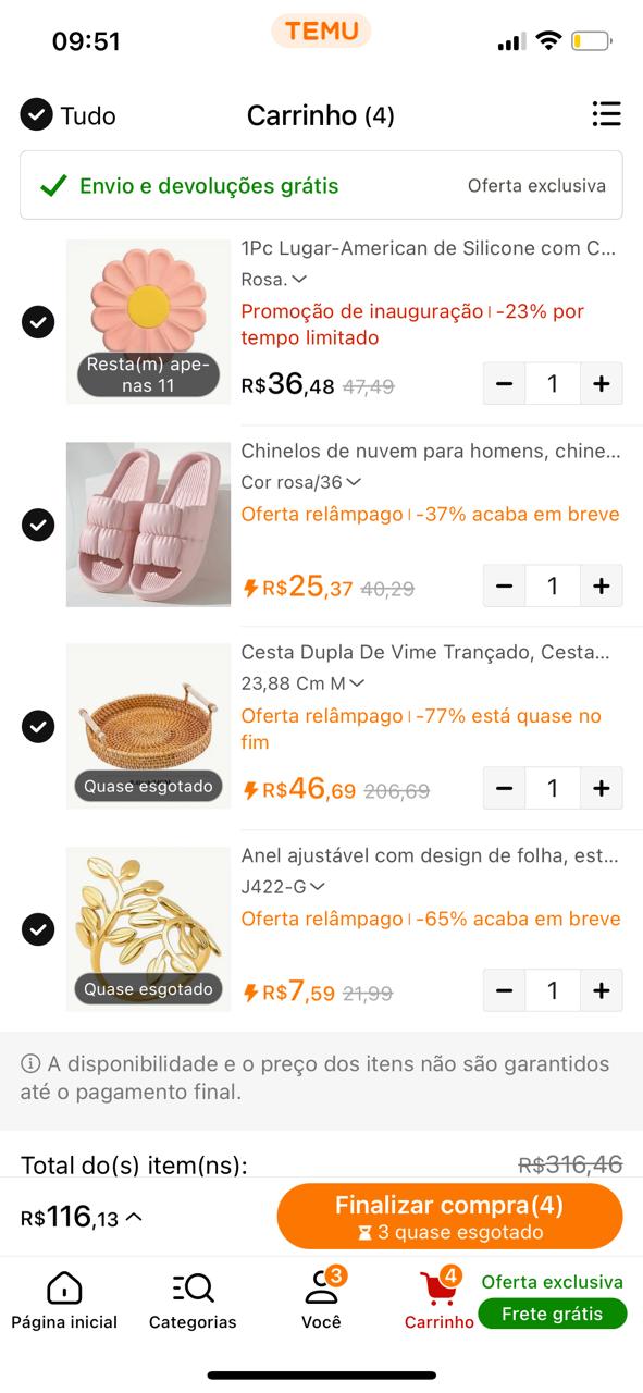 Print de passo a passo de compra na Temu