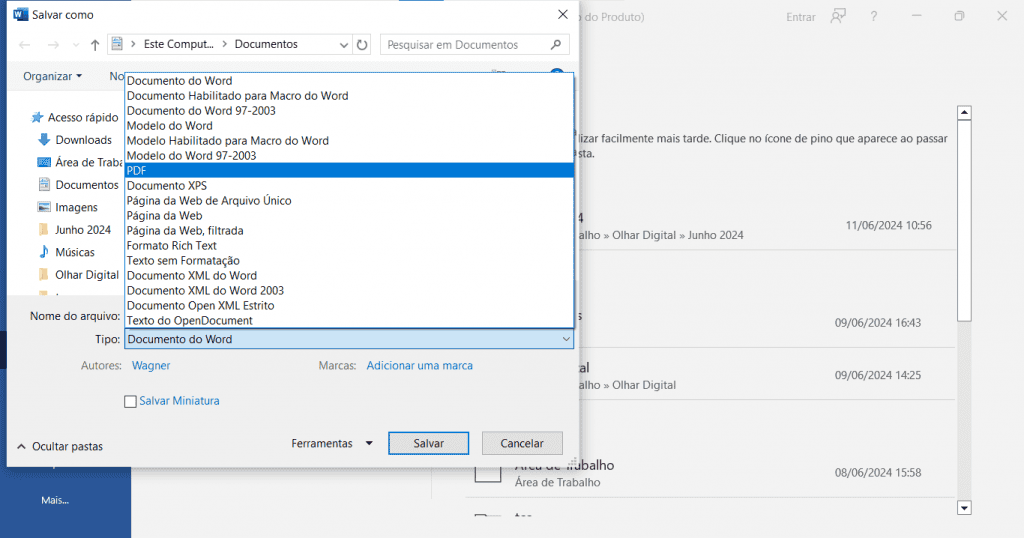 opção de salvamento do word no pc windows