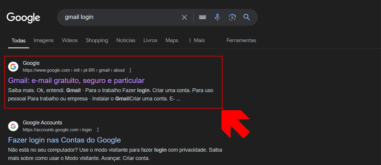 Imagem mostra busca no google por "gmail login"