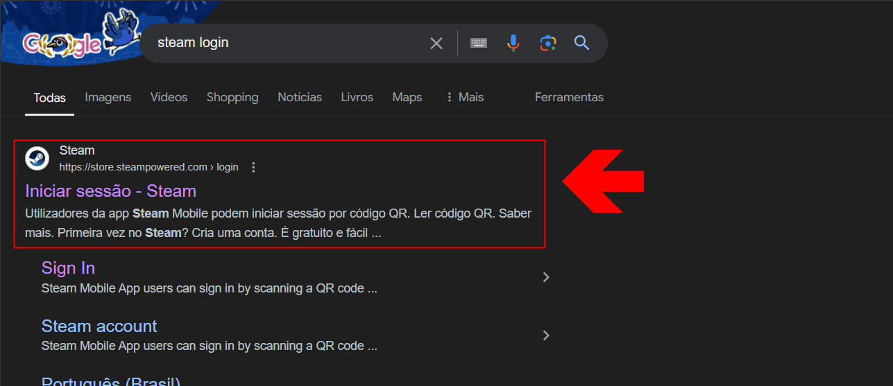 pesquisa no google por "steam login"