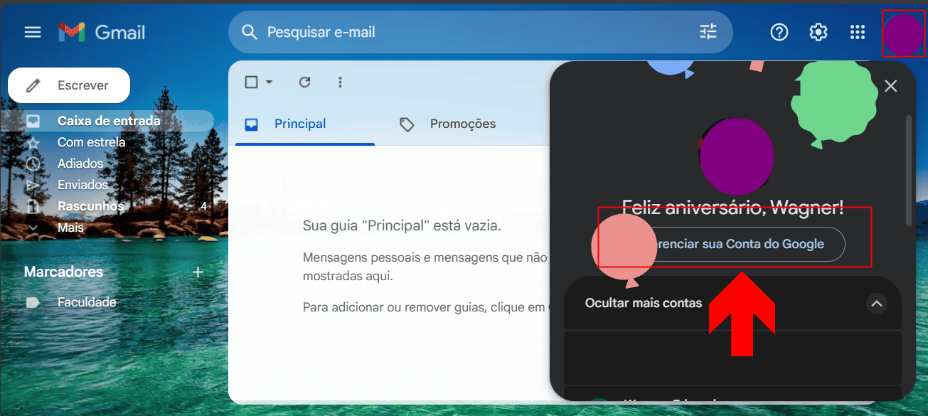 Imagem mostra o gmail e uma página para gerenciar a conta google