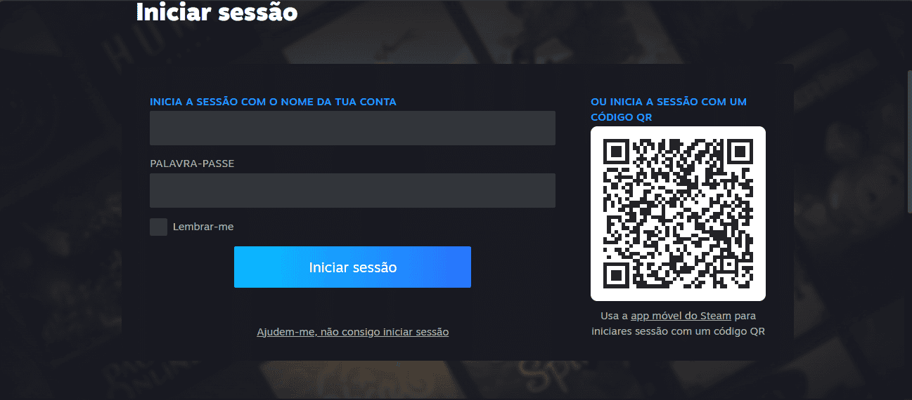 Tela de login do site Steam