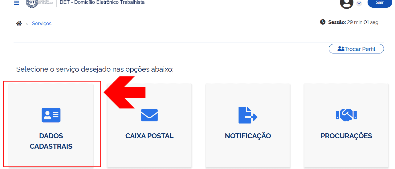 Painel inicial pós-login no sistema DET