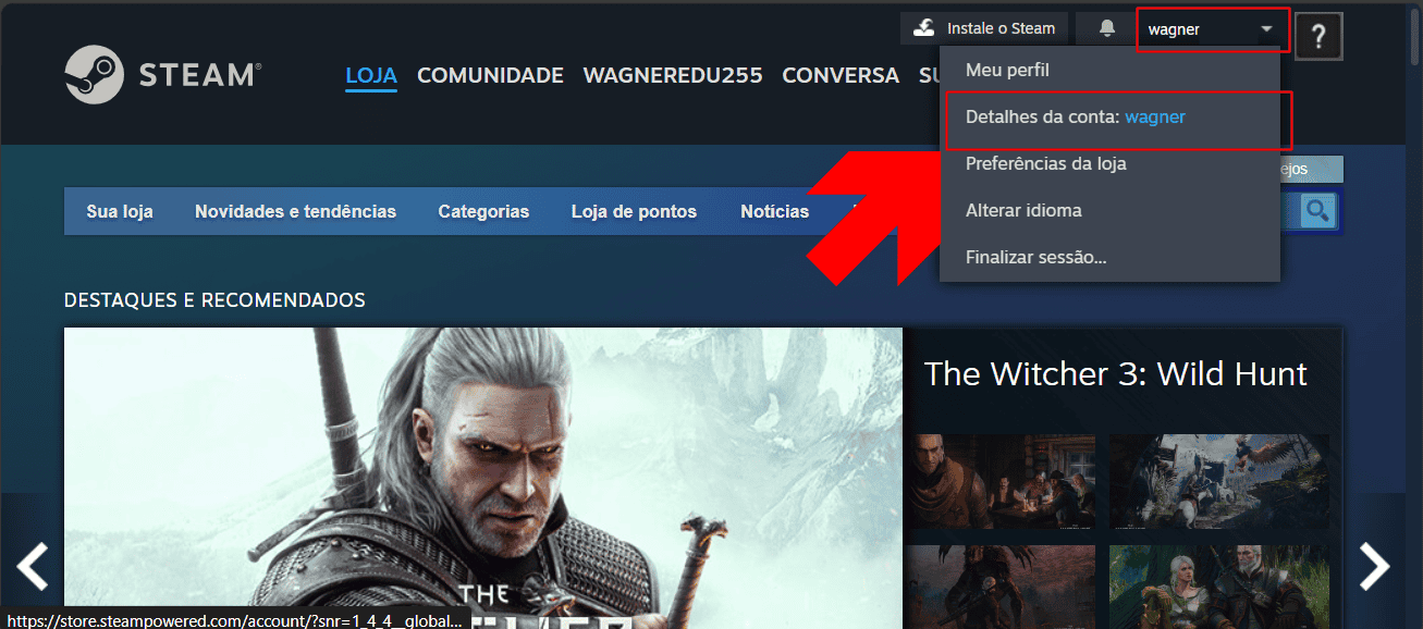 Menu de opções na página inicial Steam