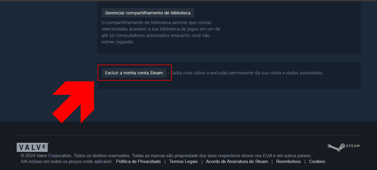 Botão para excluir a conta Steam