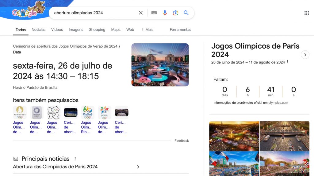 Página na busca do Google sobre a abertura das Olimpíadas de 2024