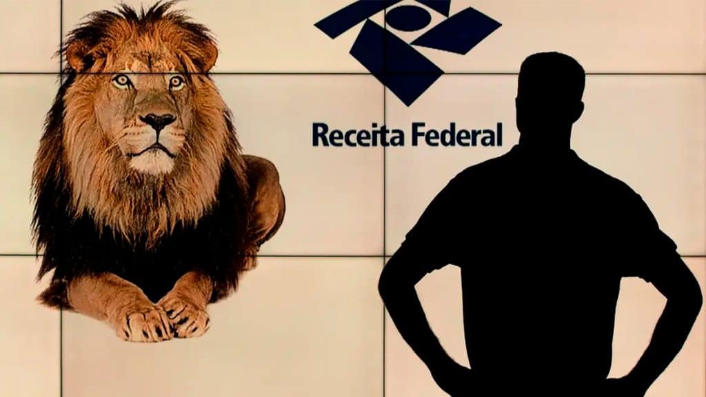 Silhueta de pessoa encarando imagem de leão ao lado do logotipo da Receita Federal