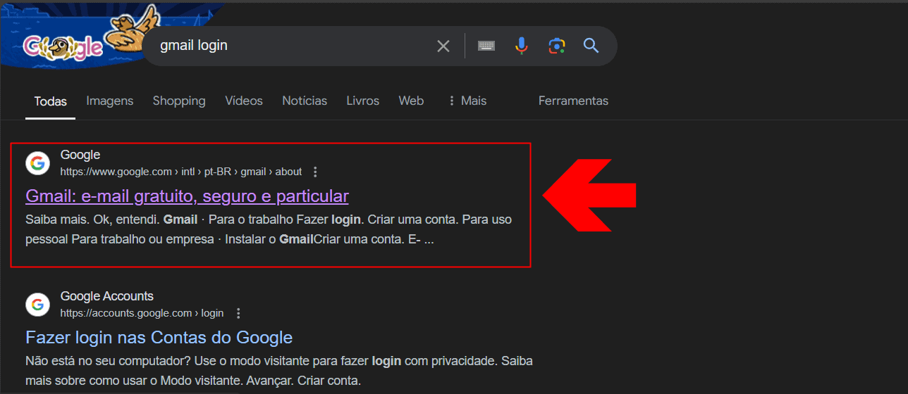 Pesquisa no Google para acessar site do Gmail 