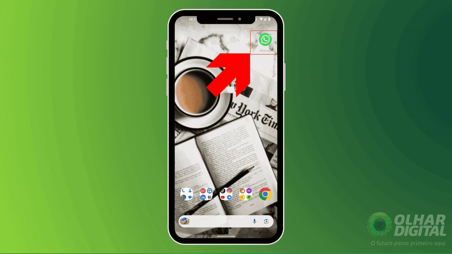 imagem demonstra uma seta apontando para o ícone do whatsapp na área de trabalho de um celular