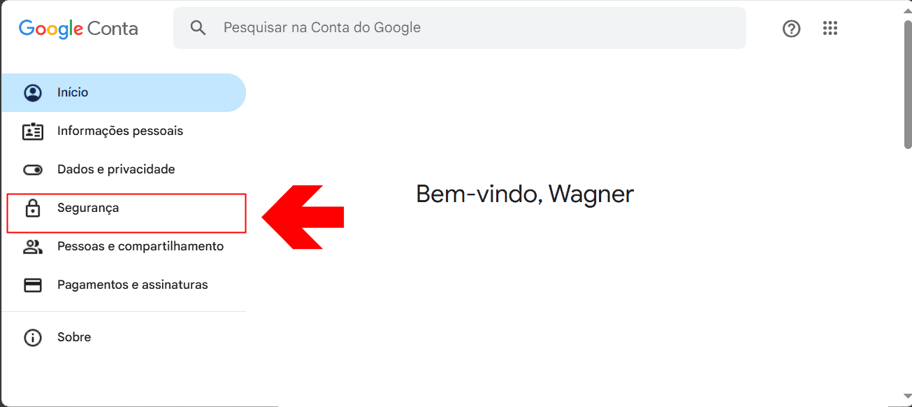 Menu de gerenciamento de conta do Google