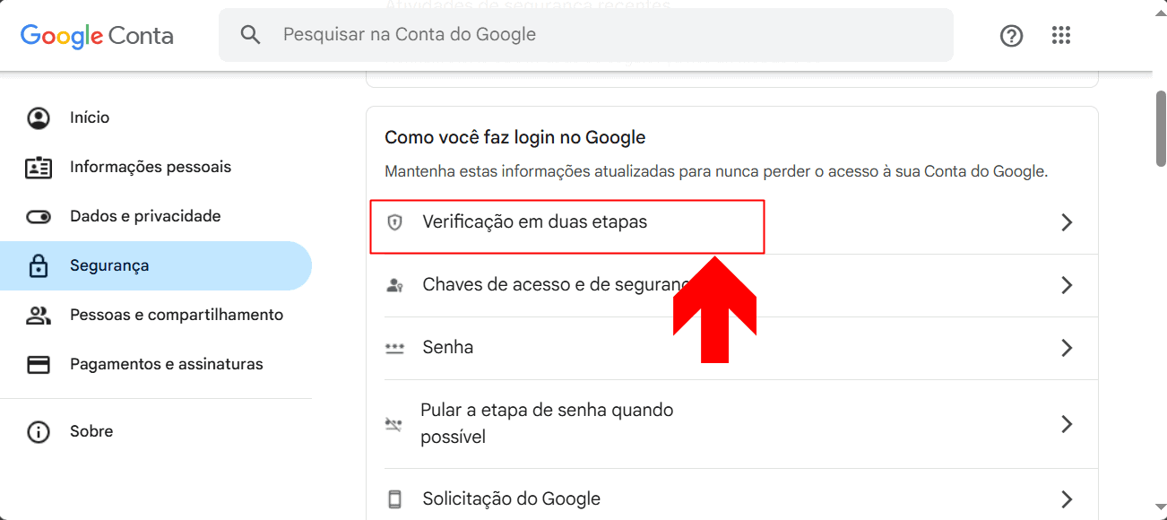 Opções para acionar a verificação em duas etapas na conta Google