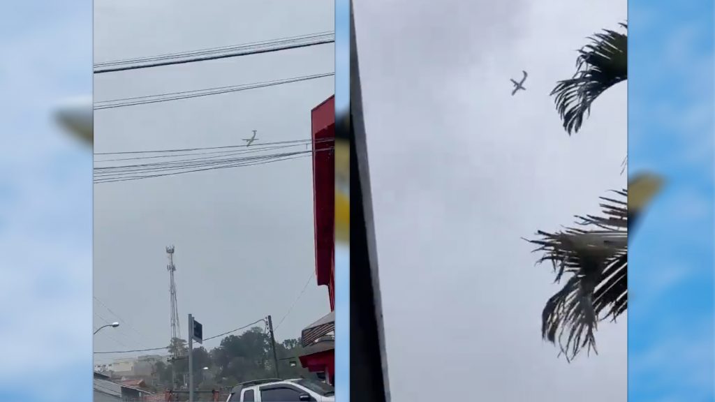 Montagem com capturas de tela de vídeos de queda de avião em Vinhedo