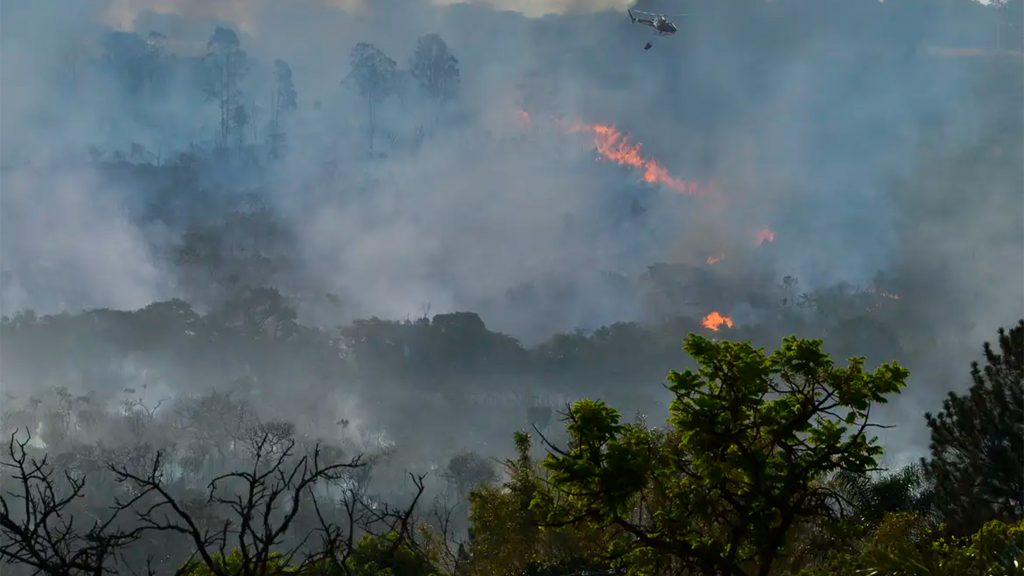 Helicóptero ajudando no combate às queimadas em floresta no Brasil