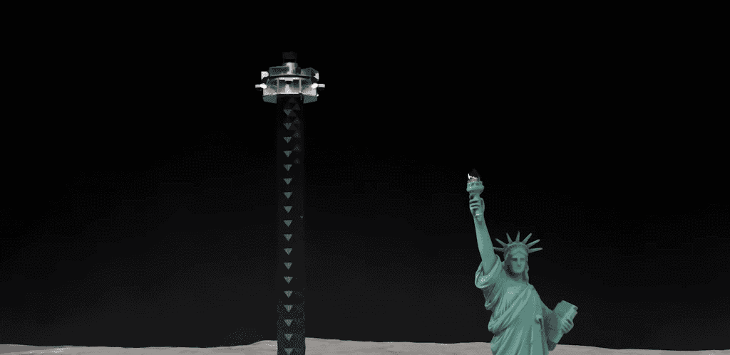 Comparativo do tamanho de uma torre de luz lunar e a Estátua da Liberdade