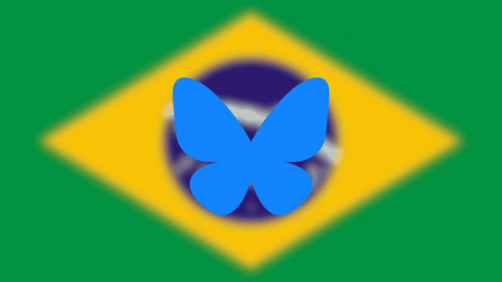 logo do bluesky na frente da bandeira do brasil