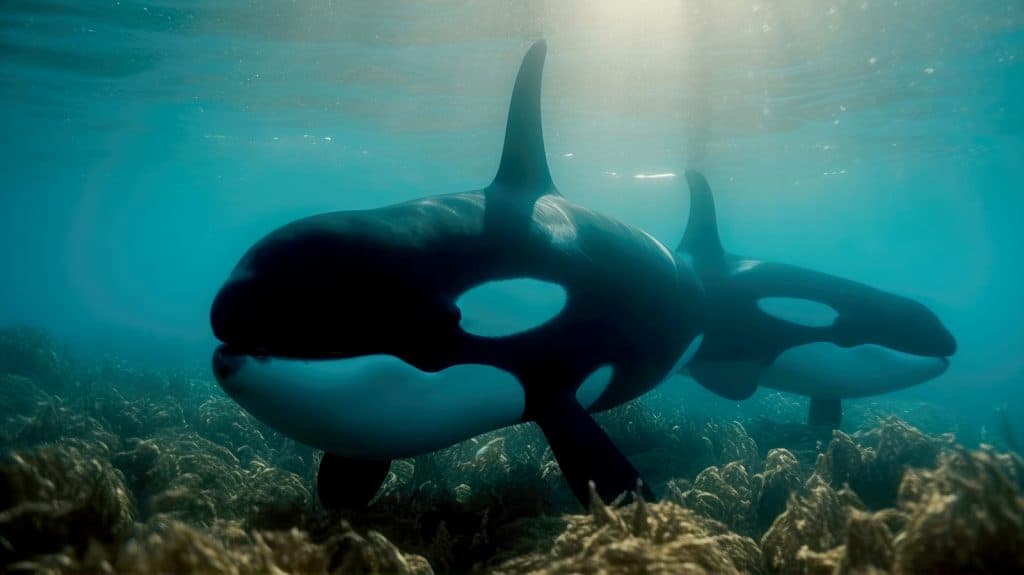 orcas debaixo d'água no mar