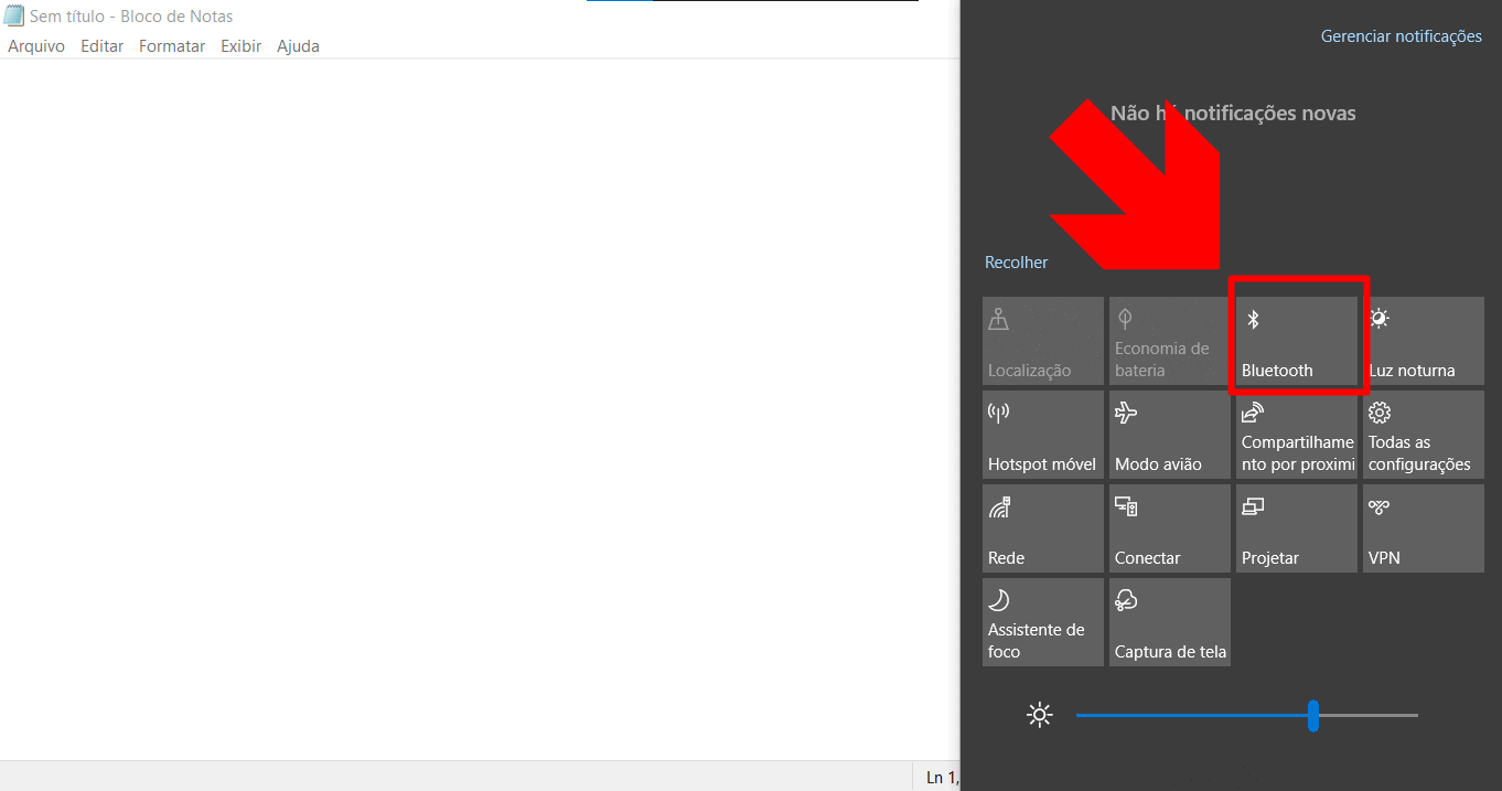 imagem mostra o botão de bluetooth nas notificações do pc windows