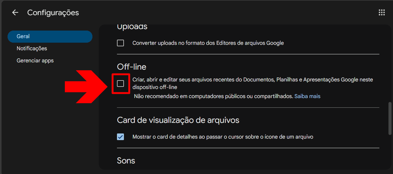 imagem mostra o botão que ative o acesso offline dos arquivos no google drive