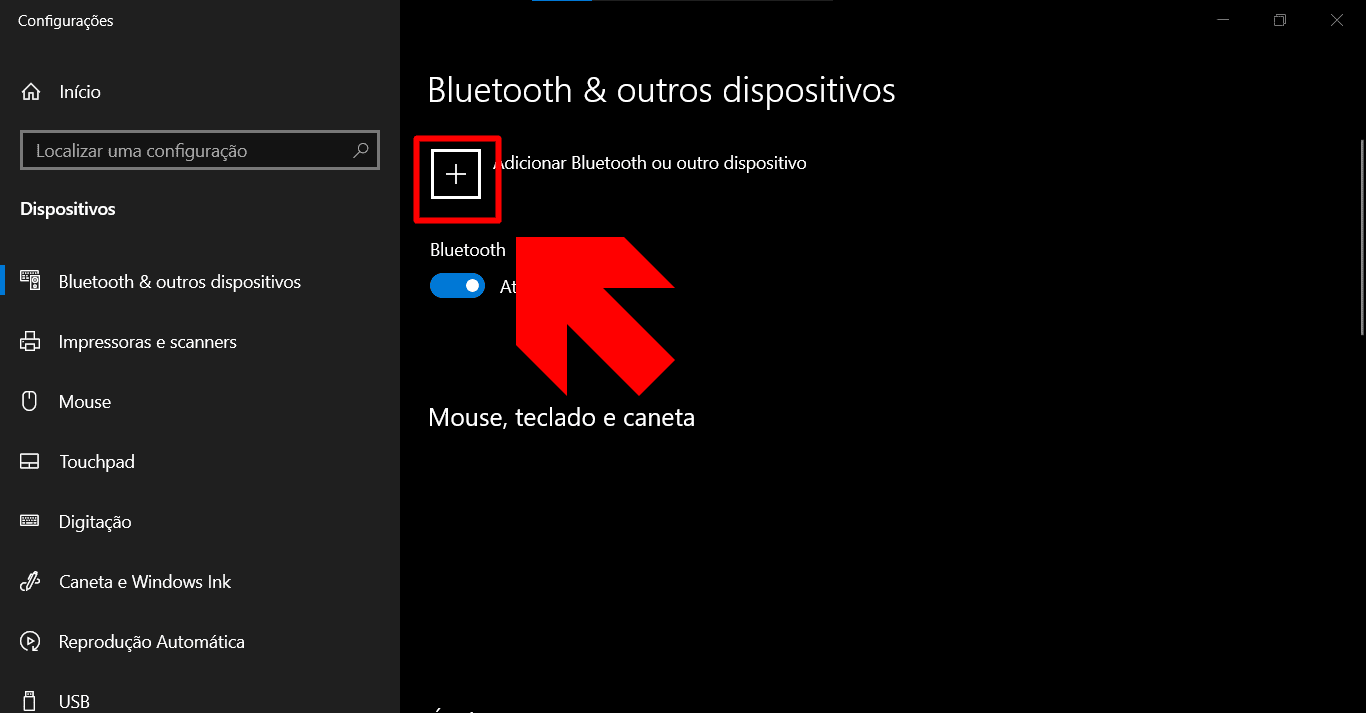 imagem mostra o botão para adicionar dispositivos bluetooth ao pc windows