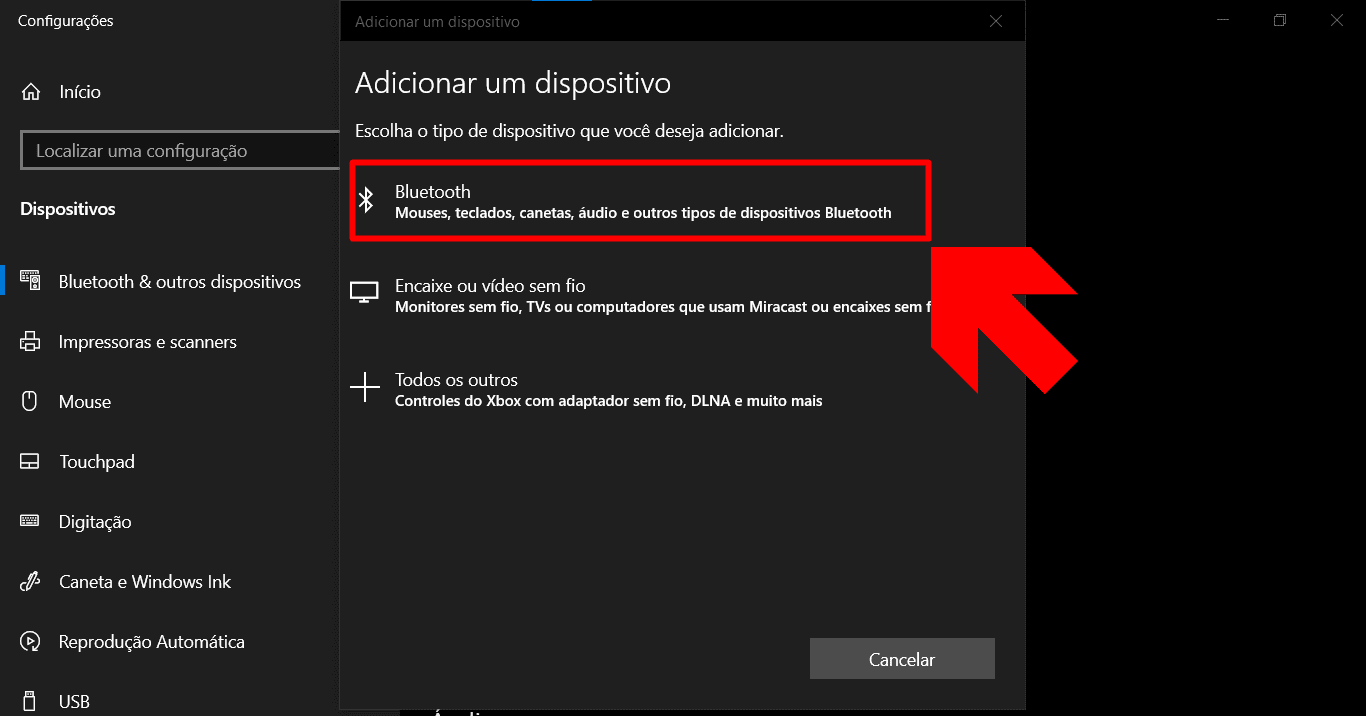 imagem mostra a solicitação que o pc windows faz para o usuário escolher qual o tipo de tipo de dispositivo bluetooth será conectado