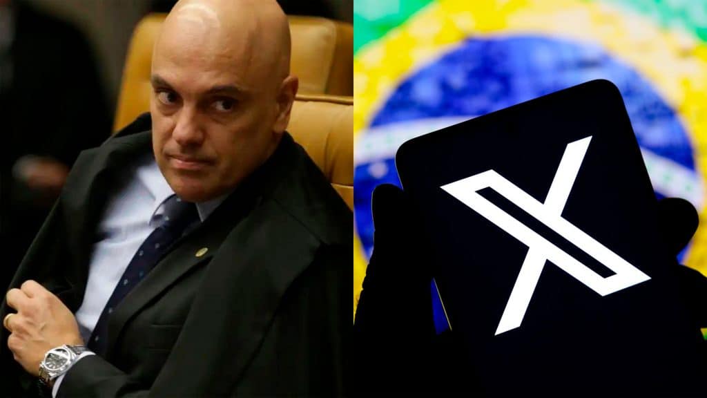 Montagem com fotos do ministro Alexandre de Moraes, do STF, e de pessoa segurando celular com logomarca do X/Twitter na tela e, ao fundo, uma imagem da bandeira do Brasil