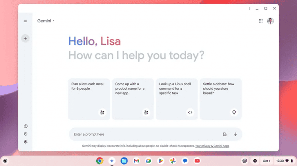 Captura de tela do Gemini no Chrome OS