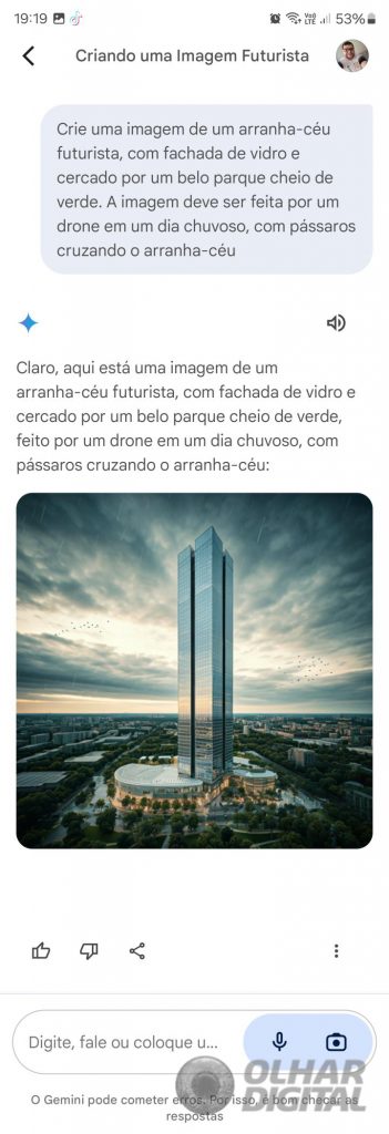 App do Gemini exibindo comando pedindo a imagem de um prédio; abaixo, a imagem gerada