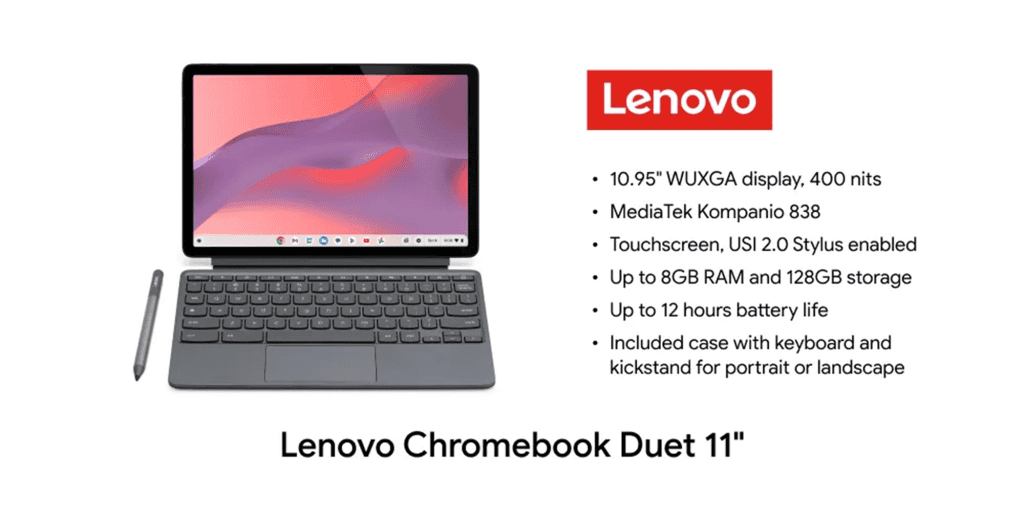 Imagem do Lenovo Chromebook Duet 11" com suas especificações