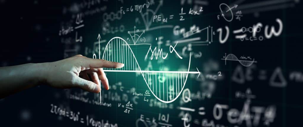 Imagem com uma mão apontando para várias fórmulas matemáticas