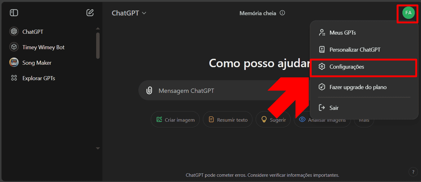 imagem mostra onde fica localizado o botão de configurações de um perfil no chatgpt