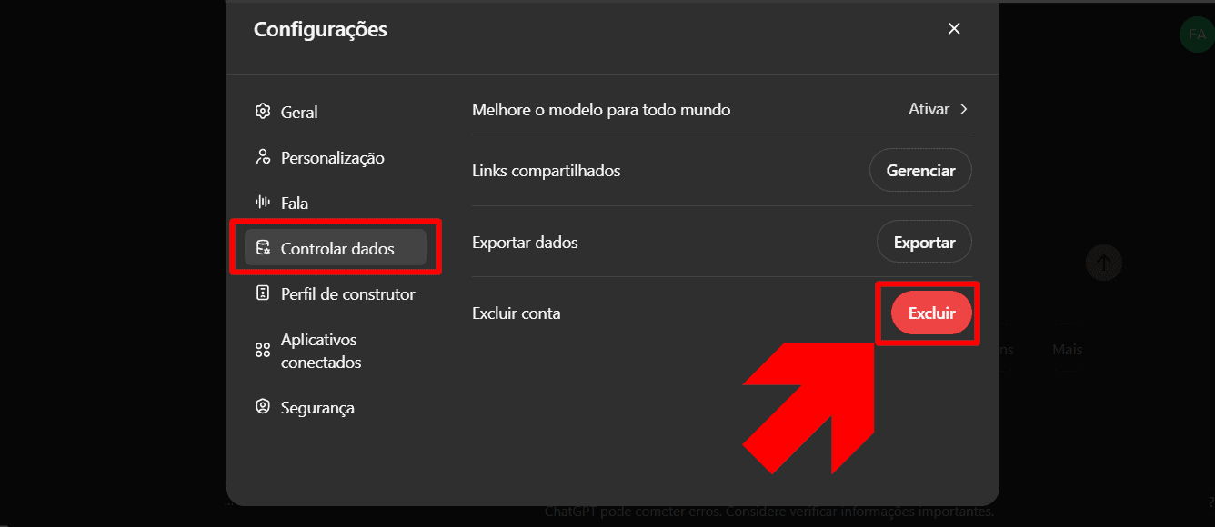 imagem mostra botão que exclui uma conta no chatgpt
