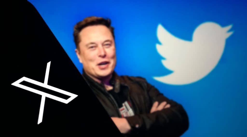 Elon Musk de braços cruzados entre os logos de Twitter e X