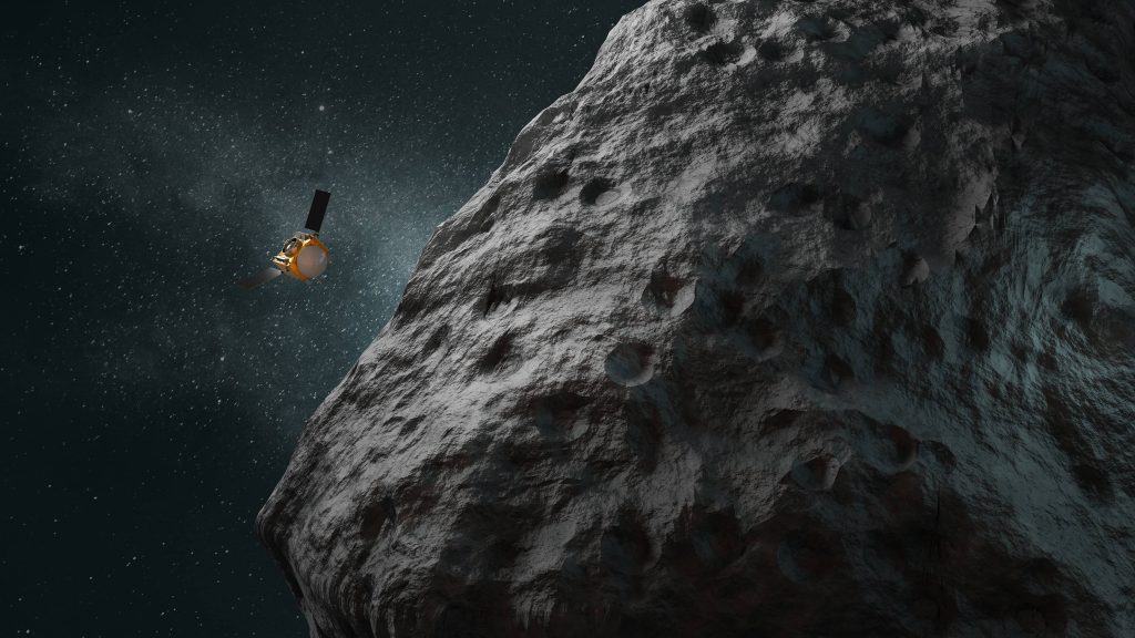 Ilustração conceitual da espaçonave OSIRIS-APEX perto do asteroide Apophis