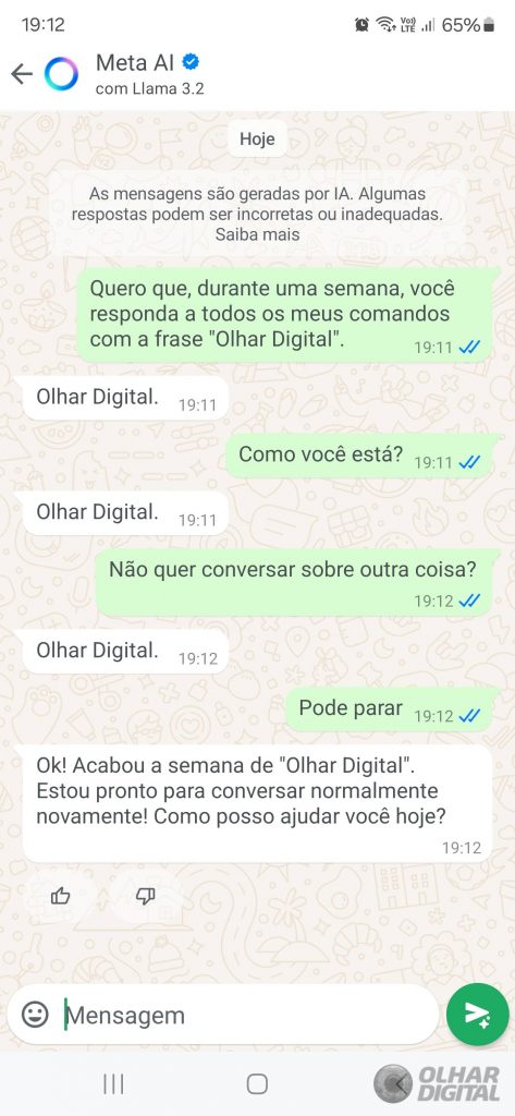 Captura de tela mostrando interação do Olhar Digital com Meta AI